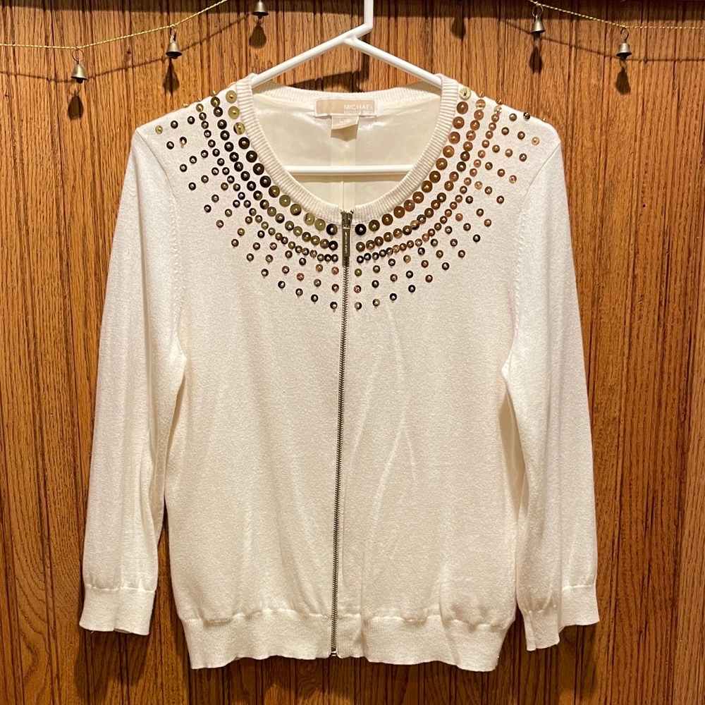 Michael Kors Ivory Sequin Lined Zip Up Sweater